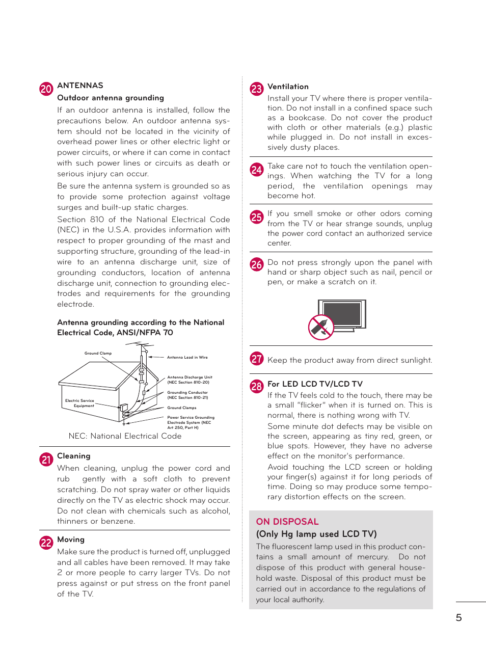 On disposal (only hg lamp used lcd tv) | LG 32LD550 User Manual | Page 5 / 204