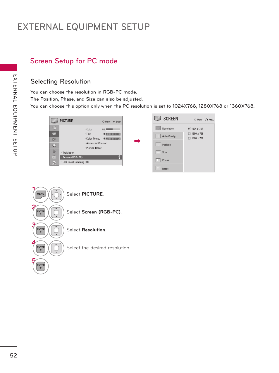 External equipment setup, Screen setup for pc mode, Selecting resolution | LG 32LD550 User Manual | Page 52 / 204