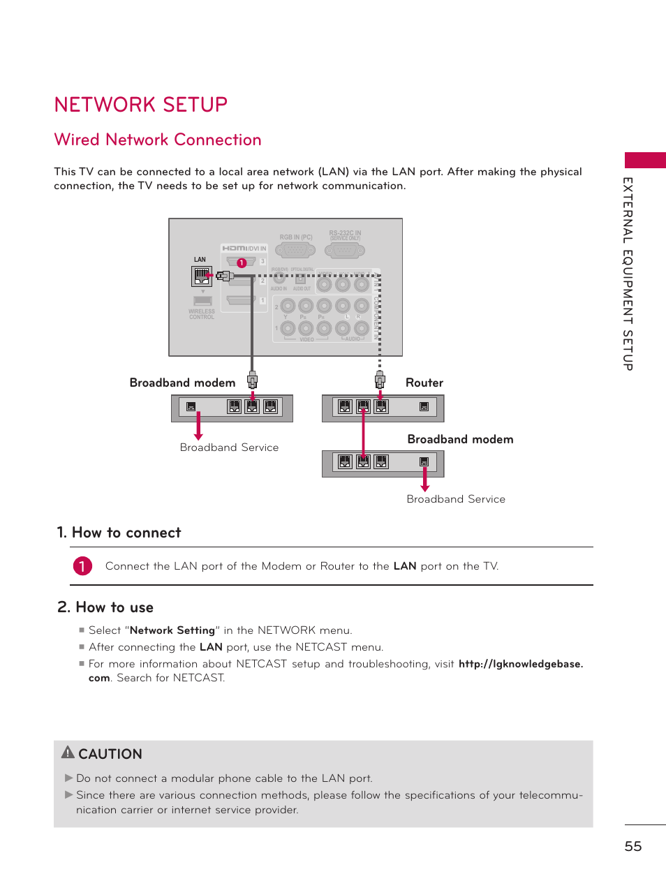 Network setup, Wired network connection, How to connect | How to use, Caution, Broadband modem, Broadband modem router | LG 32LD550 User Manual | Page 55 / 204