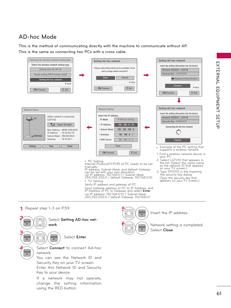 Ad-hoc mode, Repeat step 1-3 on p.59, Select setting ad-hoc net- work | Select enter, Insert the ip address, Network setting is completed. select close | LG 32LD550 User Manual | Page 61 / 204