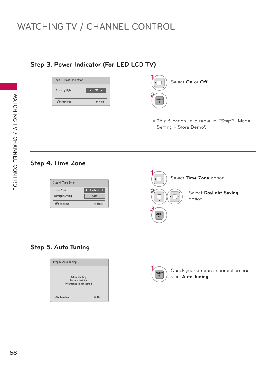 Watching tv / channel control, Step 4. time zone step 5. auto tuning 1, Step 3. power indicator (for led lcd tv) 1 | LG 32LD550 User Manual | Page 68 / 204
