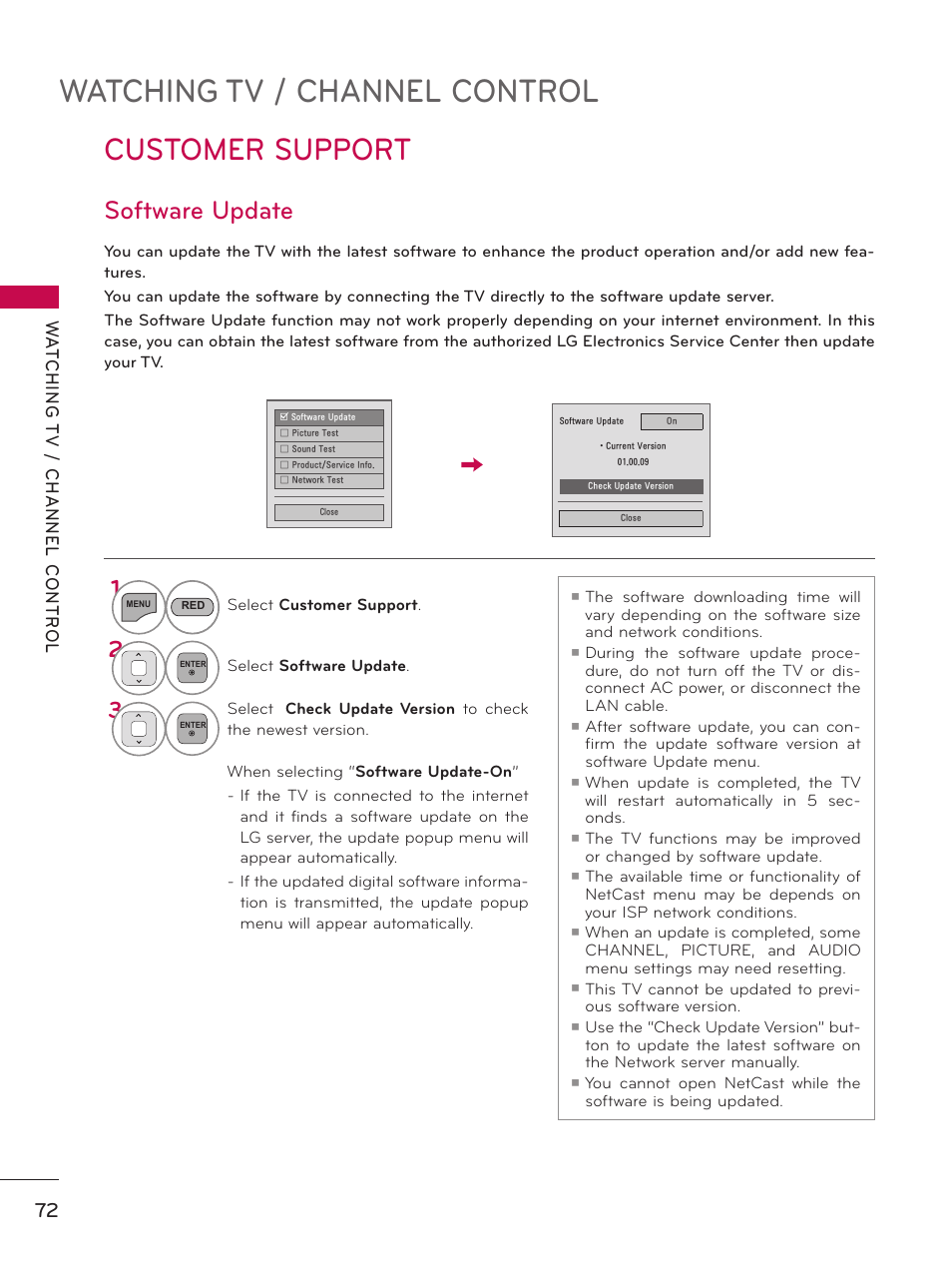 Watching tv / channel control, Customer support, Software update | LG 32LD550 User Manual | Page 72 / 204
