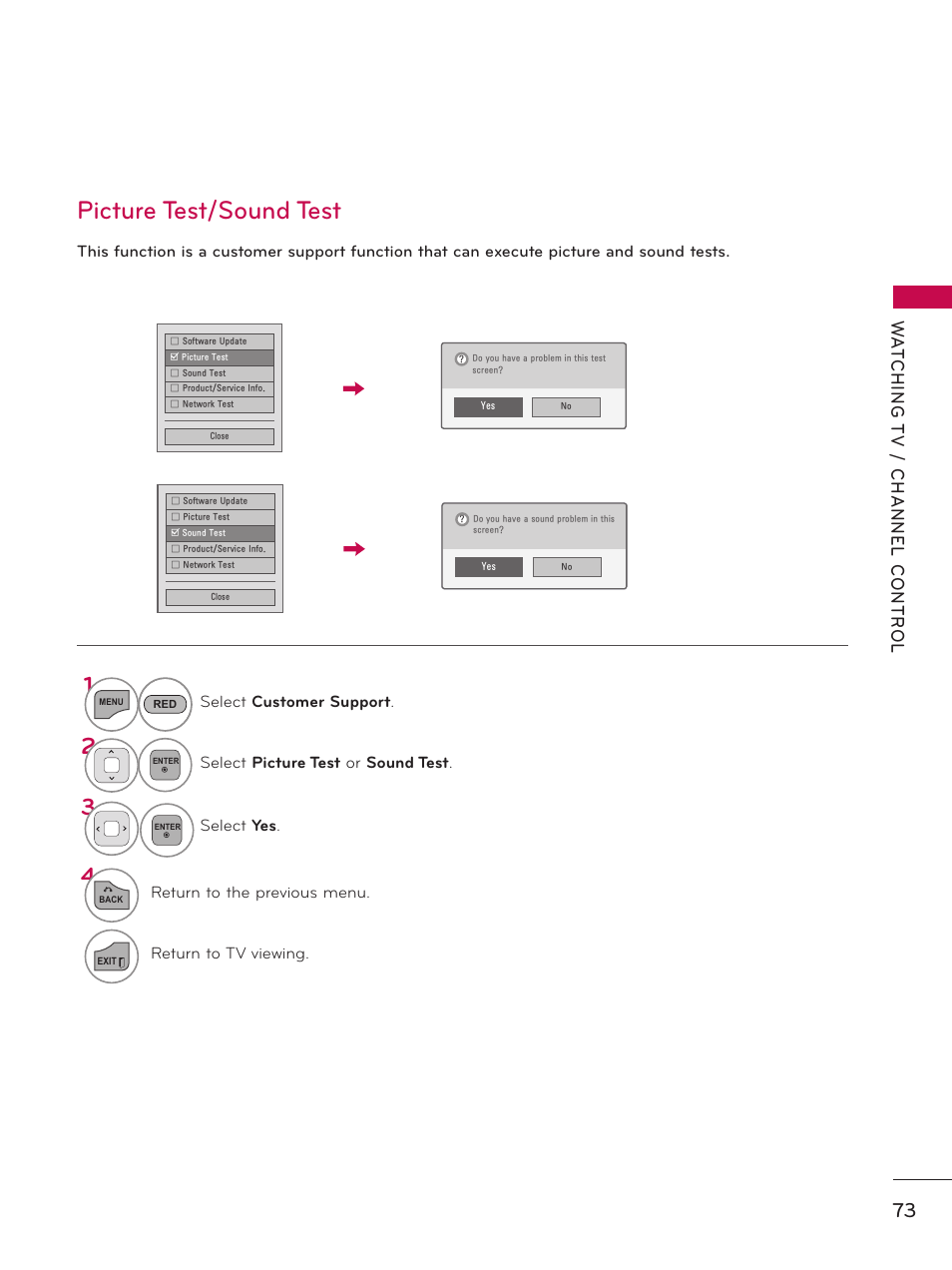 Picture test/sound test | LG 32LD550 User Manual | Page 73 / 204