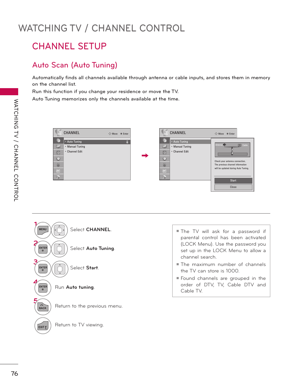 Watching tv / channel control, Channel setup, Auto scan (auto tuning) | LG 32LD550 User Manual | Page 76 / 204