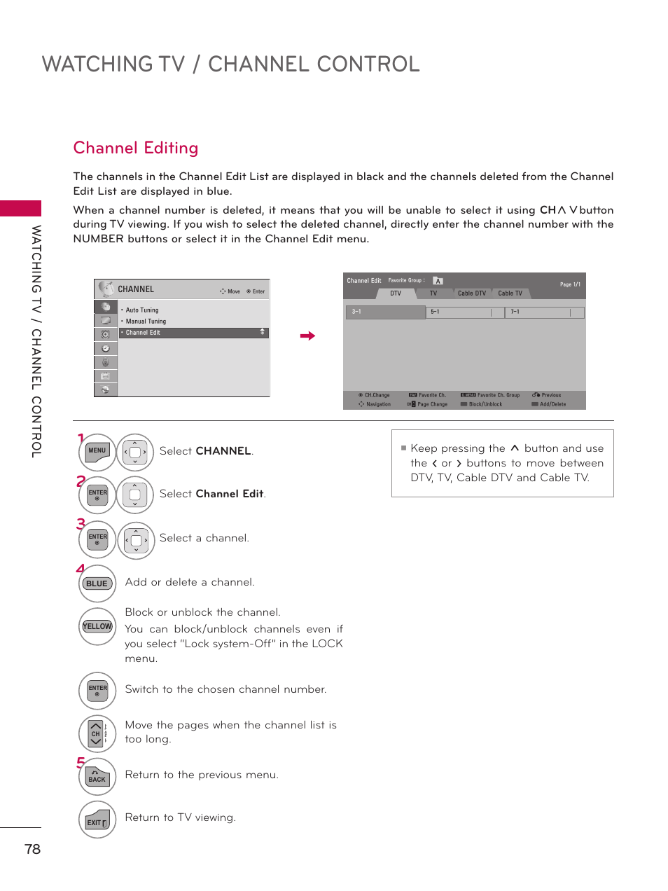 Watching tv / channel control, Channel editing | LG 32LD550 User Manual | Page 78 / 204
