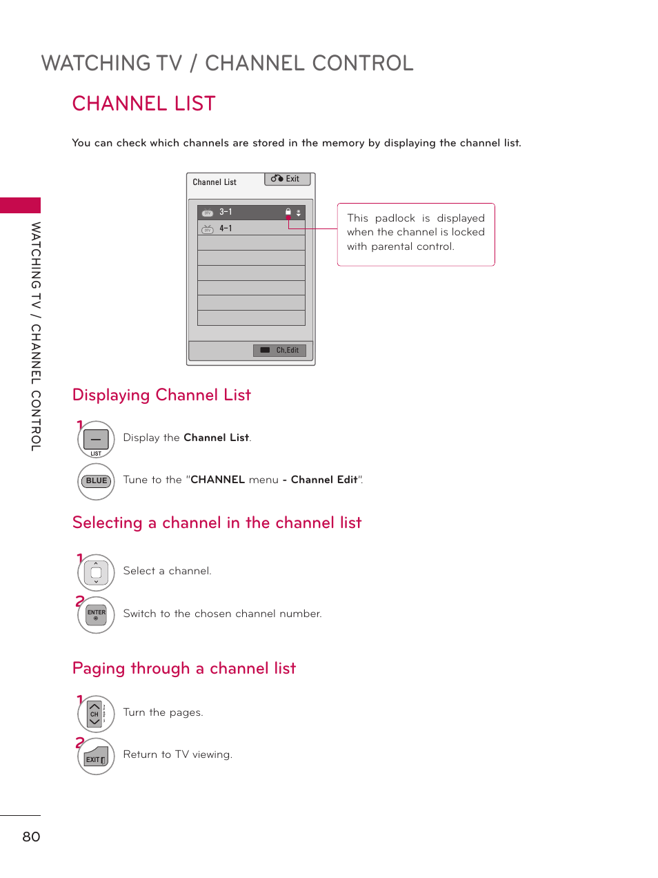 Watching tv / channel control, Channel list | LG 32LD550 User Manual | Page 80 / 204