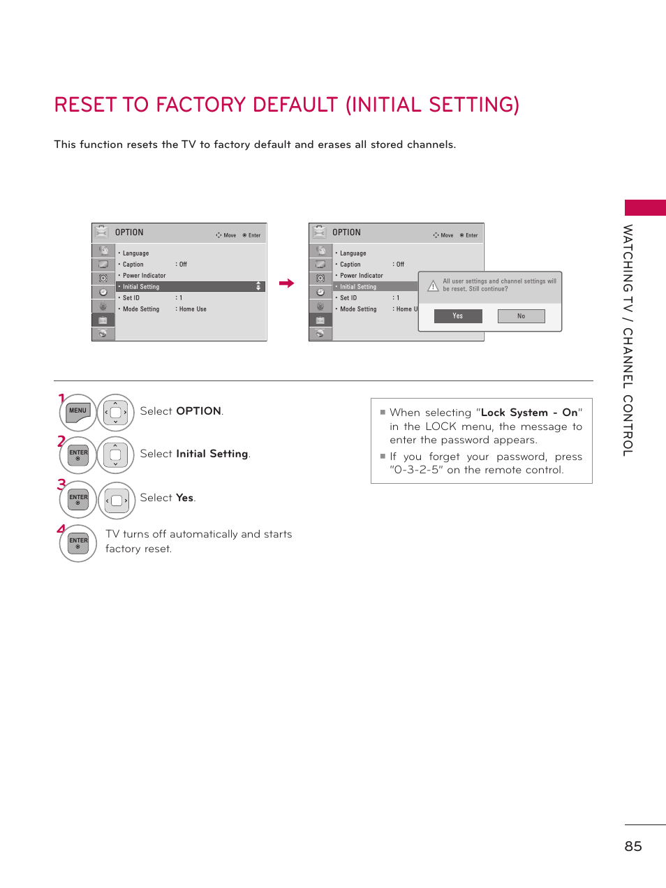 Reset to factory default (initial setting) | LG 32LD550 User Manual | Page 85 / 204