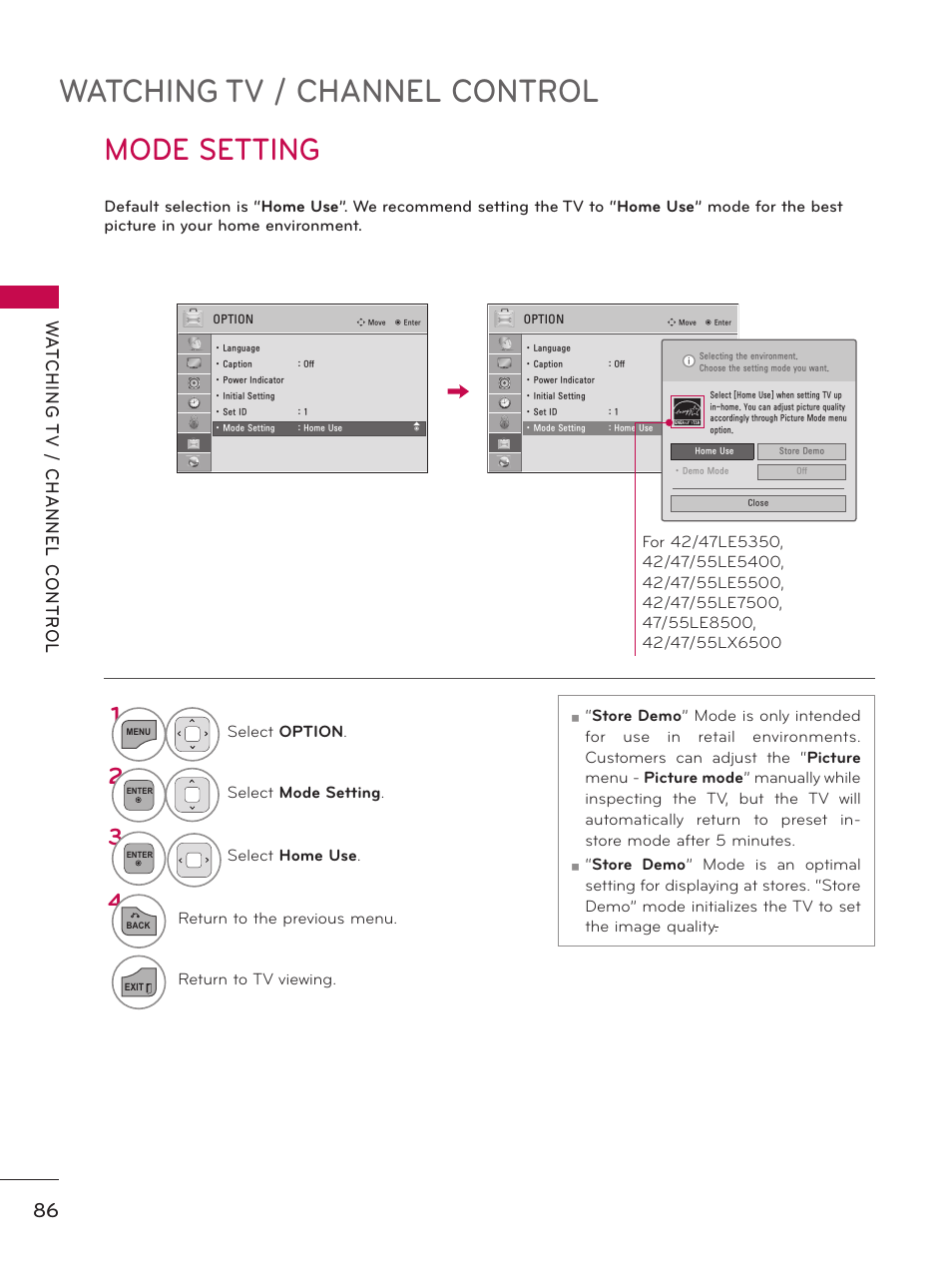 Watching tv / channel control, Mode setting | LG 32LD550 User Manual | Page 86 / 204