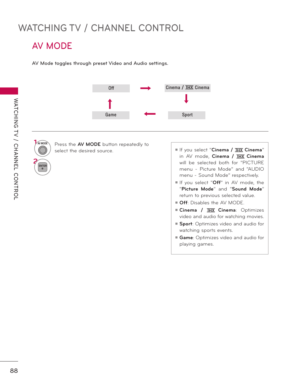 Watching tv / channel control, Av mode | LG 32LD550 User Manual | Page 88 / 204