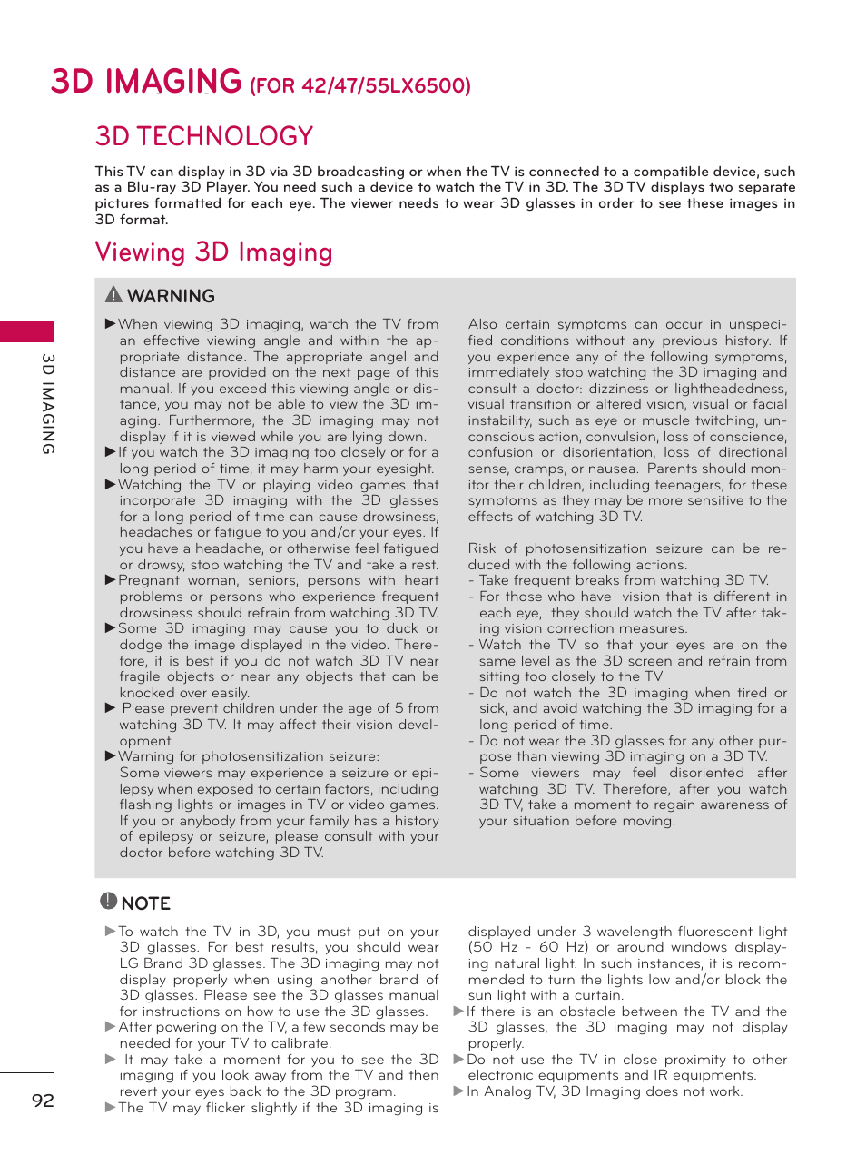 3d imaging, 3d technology viewing 3d imaging, Warning | LG 32LD550 User Manual | Page 92 / 204