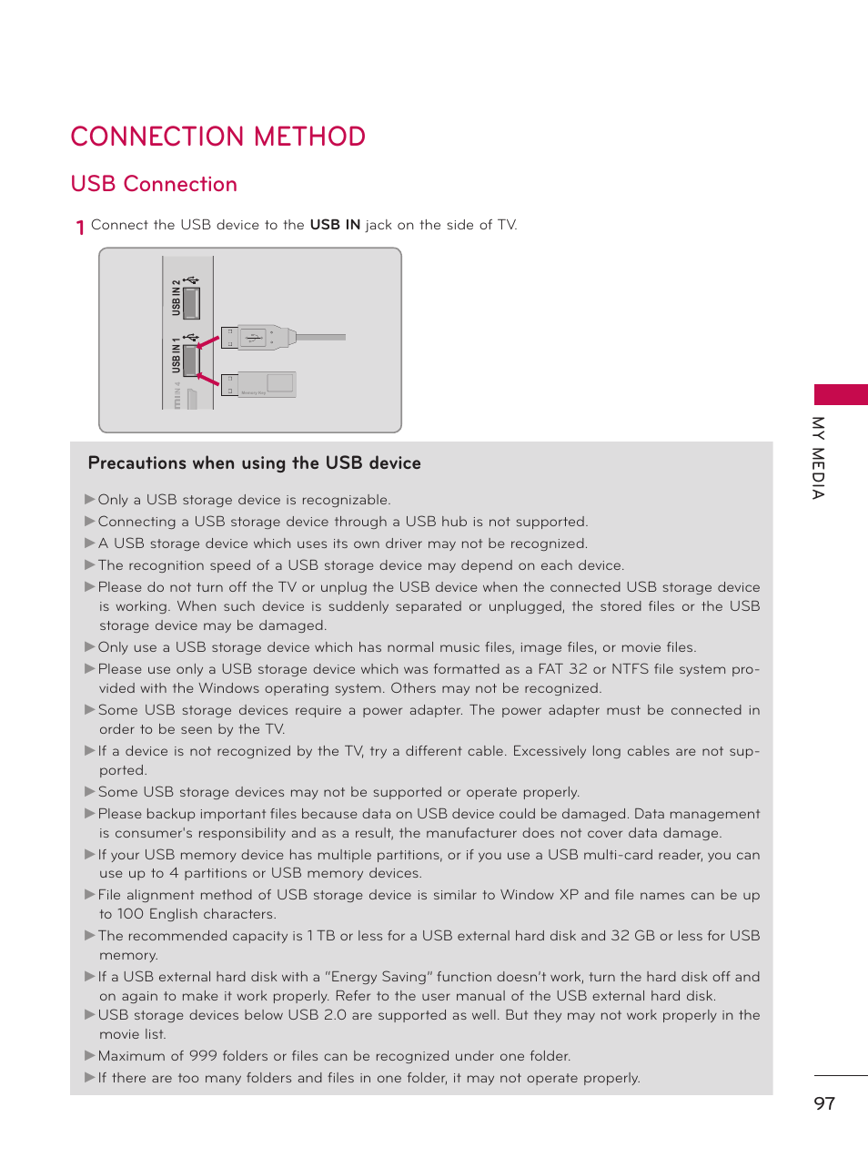 Connection method, Usb connection, Precautions when using the usb device | My m ed ia | LG 32LD550 User Manual | Page 97 / 204