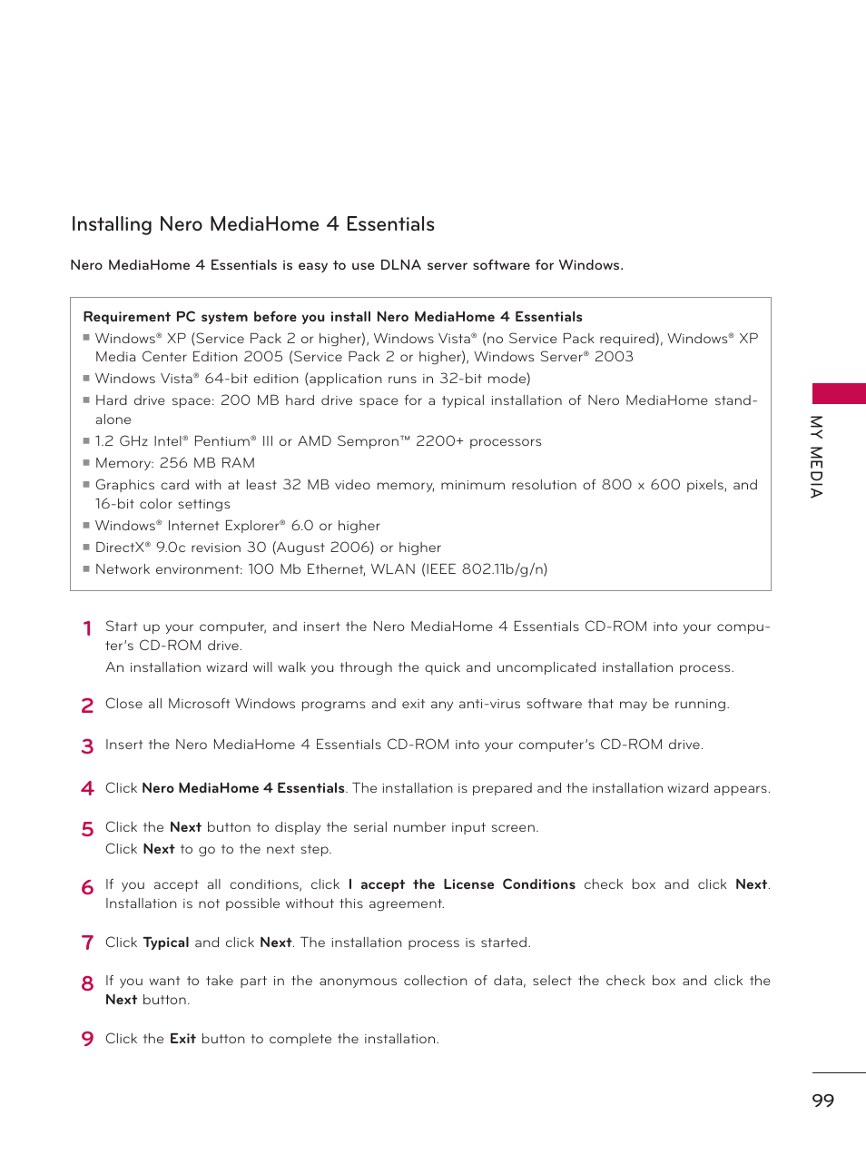 Installing nero mediahome 4 essentials | LG 32LD550 User Manual | Page 99 / 204