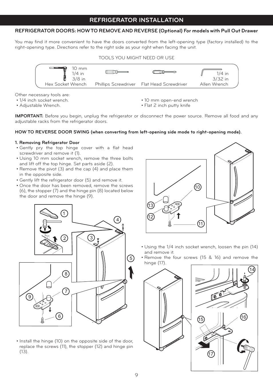 Refrigerator installation | LG LBC20514SW User Manual | Page 10 / 35