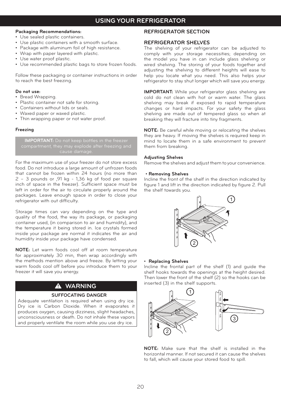 Warning, Using your refrigerator | LG LBC20514SW User Manual | Page 21 / 35