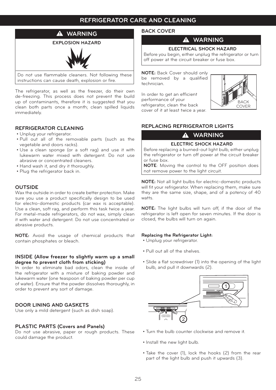 Warning, Refrigerator care and cleaning | LG LBC20514SW User Manual | Page 26 / 35