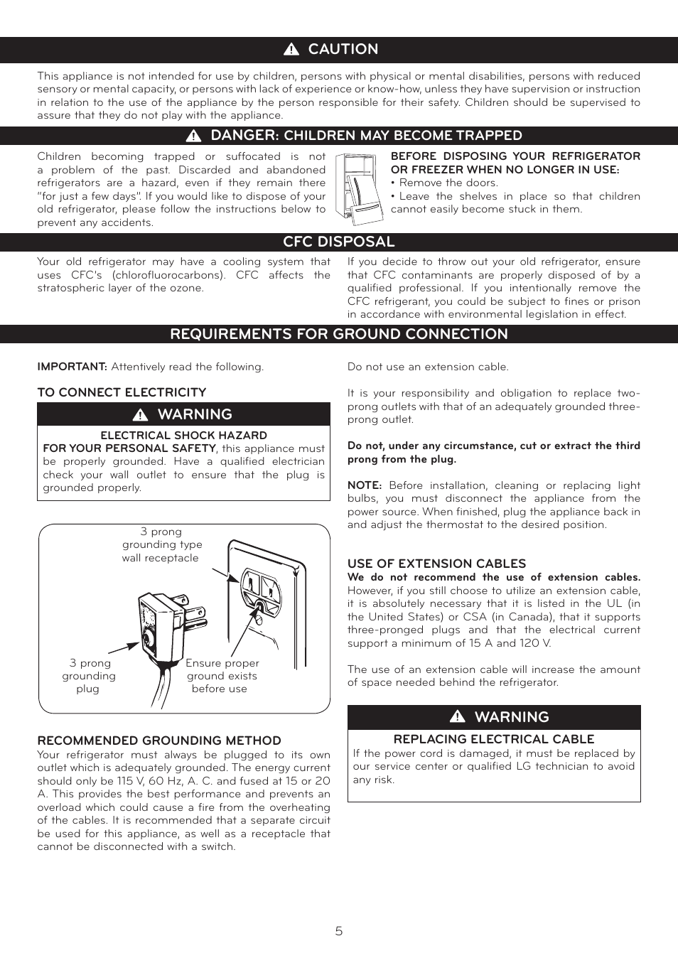 Warning, Important safety instructions caution danger, Cfc disposal requirements for ground connection | LG LBC20514SW User Manual | Page 6 / 35