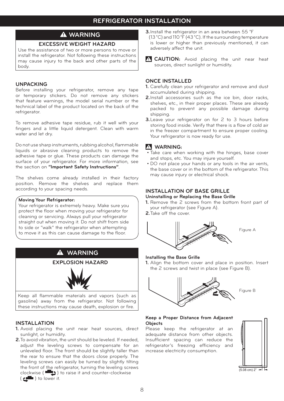 Warning, Refrigerator installation | LG LBC20514SW User Manual | Page 9 / 35