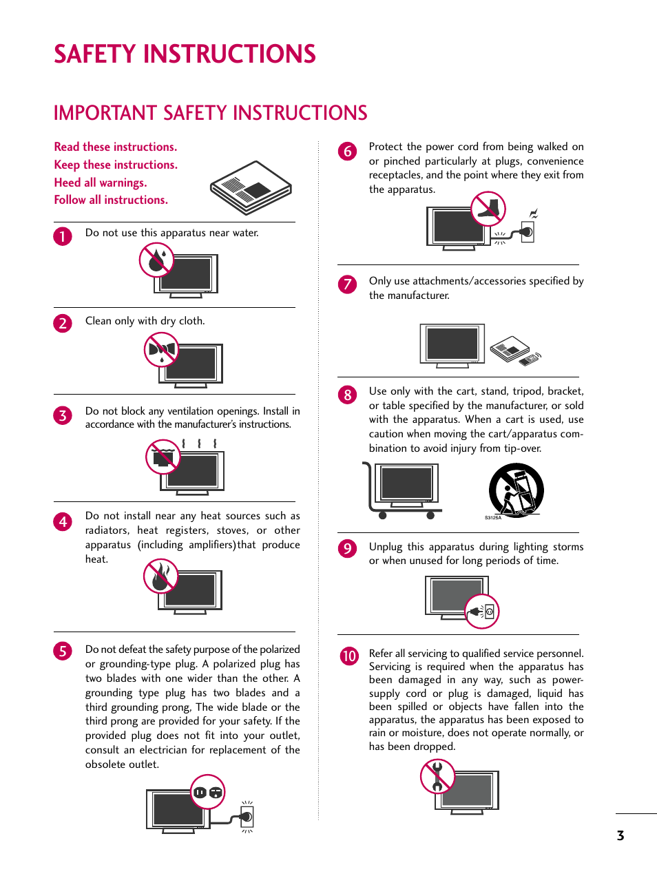 Safety instructions, Important safety instructions | LG 32LG30DC-UA User Manual | Page 3 / 130