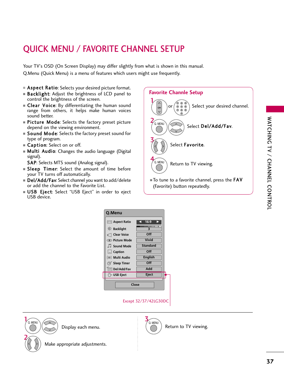 Quick menu, Quick menu / favorite channel setup, Watching tv / channel contr ol | Favorite channle setup | LG 32LG30DC-UA User Manual | Page 37 / 130