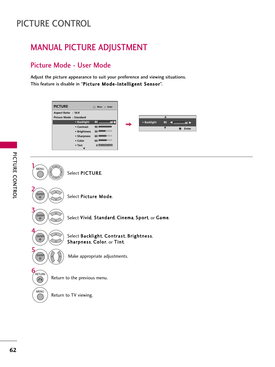 Manual picture adjustment, Picture mode - user mode, Picture control | Picture contr ol | LG 32LG30DC-UA User Manual | Page 62 / 130