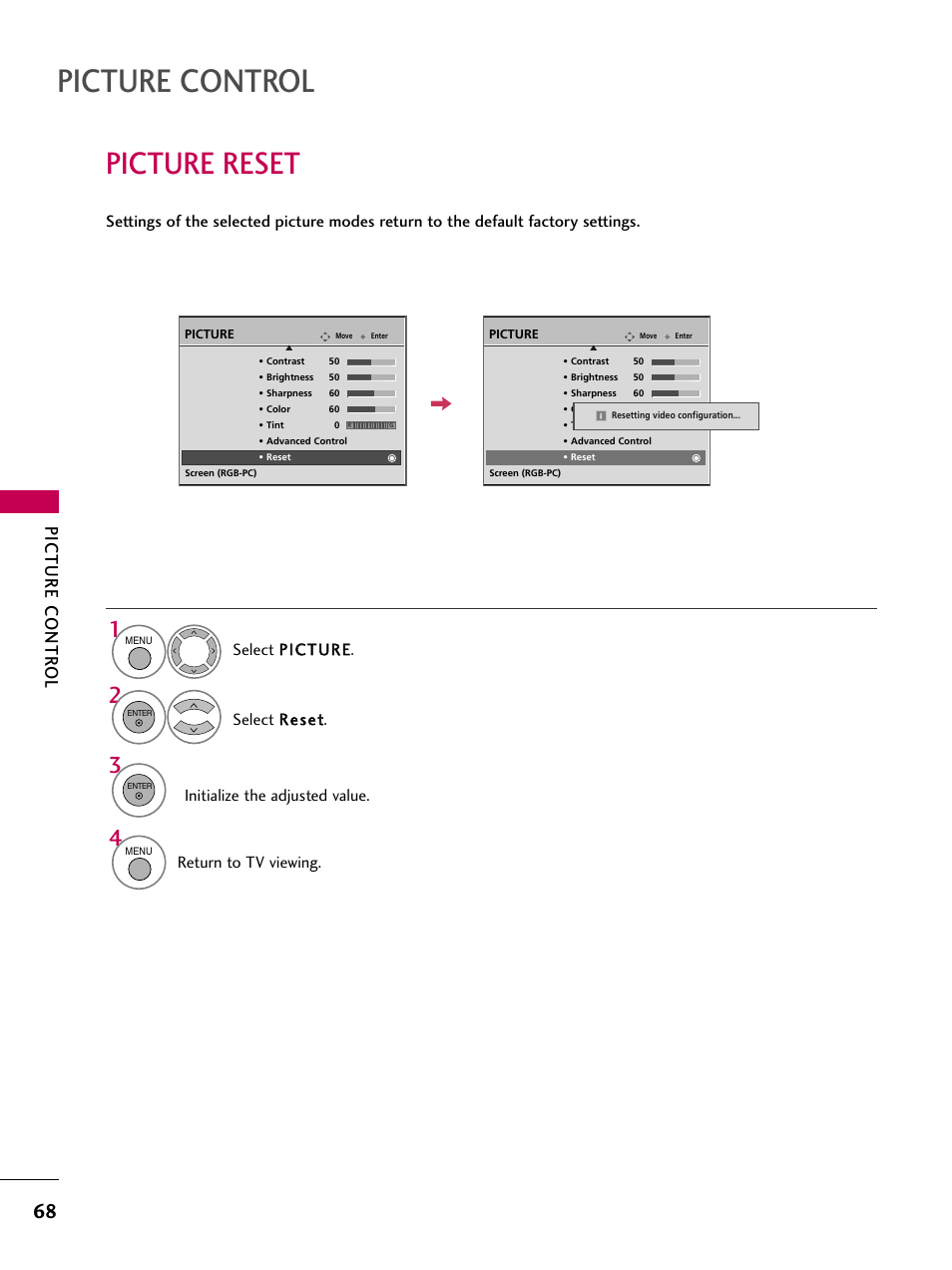 Picture reset, Picture control, Picture contr ol | Return to tv viewing | LG 32LG30DC-UA User Manual | Page 68 / 130