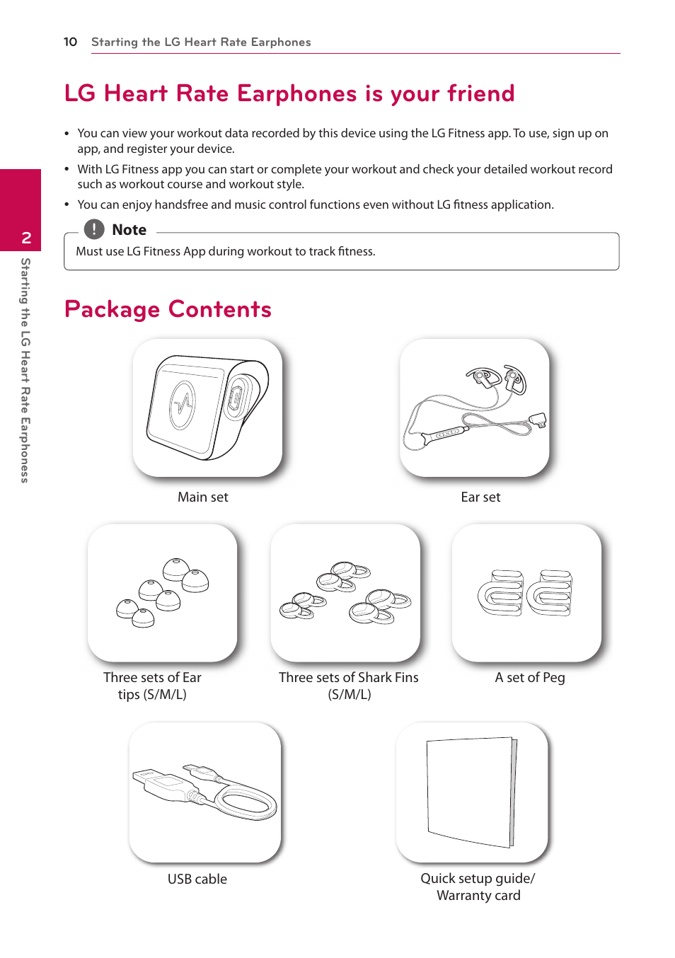 Lg heart rate earphones is your friend, Package contents | LG FR74 User Manual | Page 10 / 42