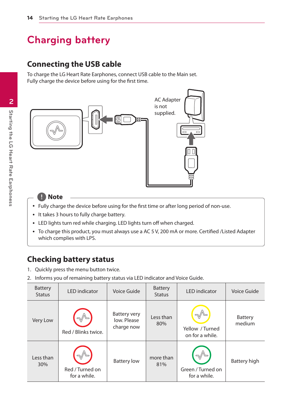 Charging battery, Connecting the usb cable, Checking battery status | LG FR74 User Manual | Page 14 / 42