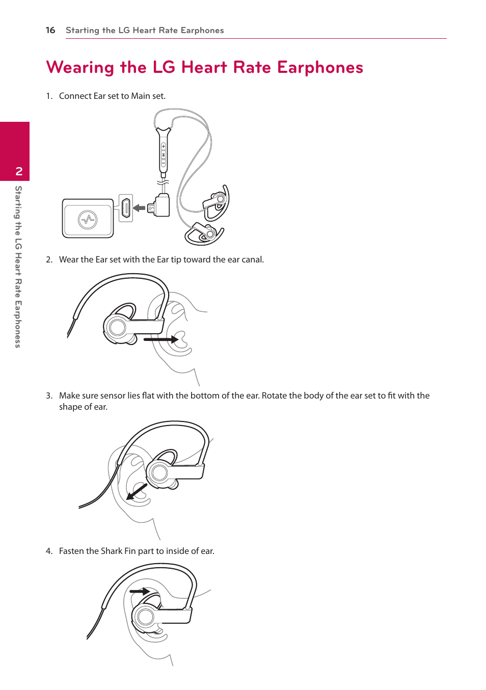Wearing the lg heart rate earphones | LG FR74 User Manual | Page 16 / 42