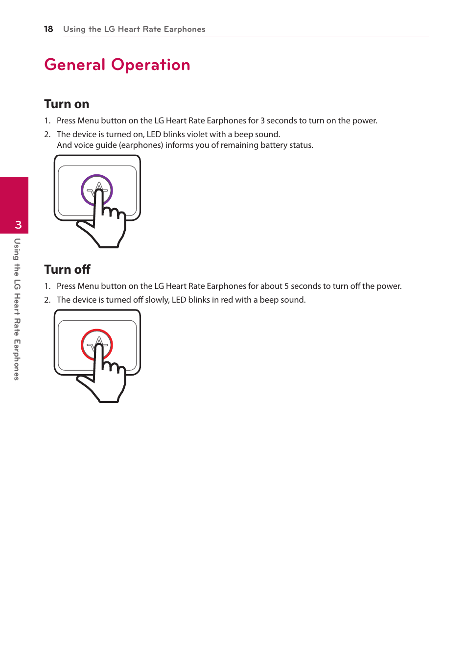 General operation, Turn on, Turn off | LG FR74 User Manual | Page 18 / 42