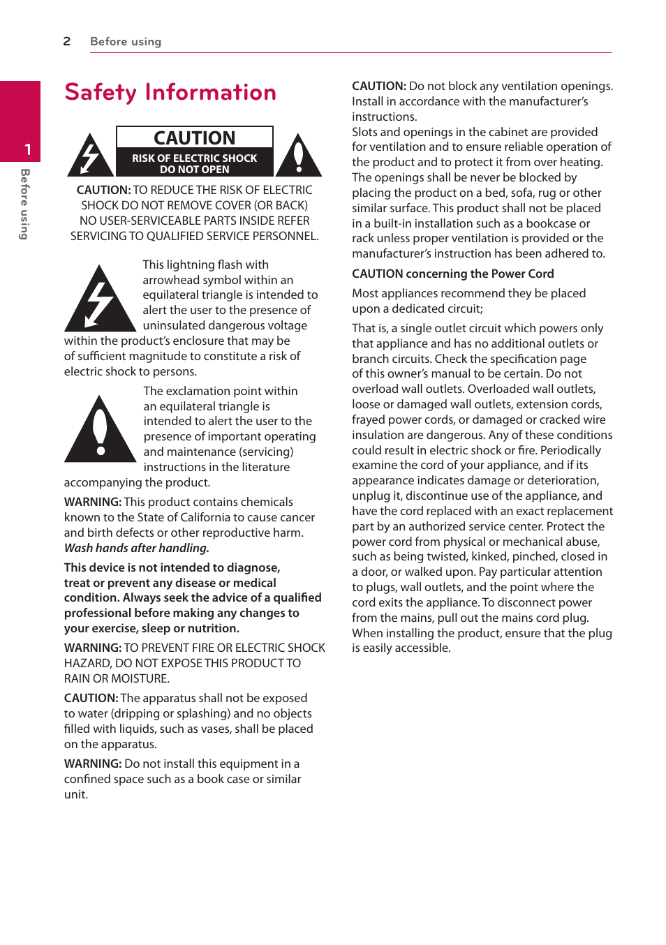 Safety information, Caution | LG FR74 User Manual | Page 2 / 42