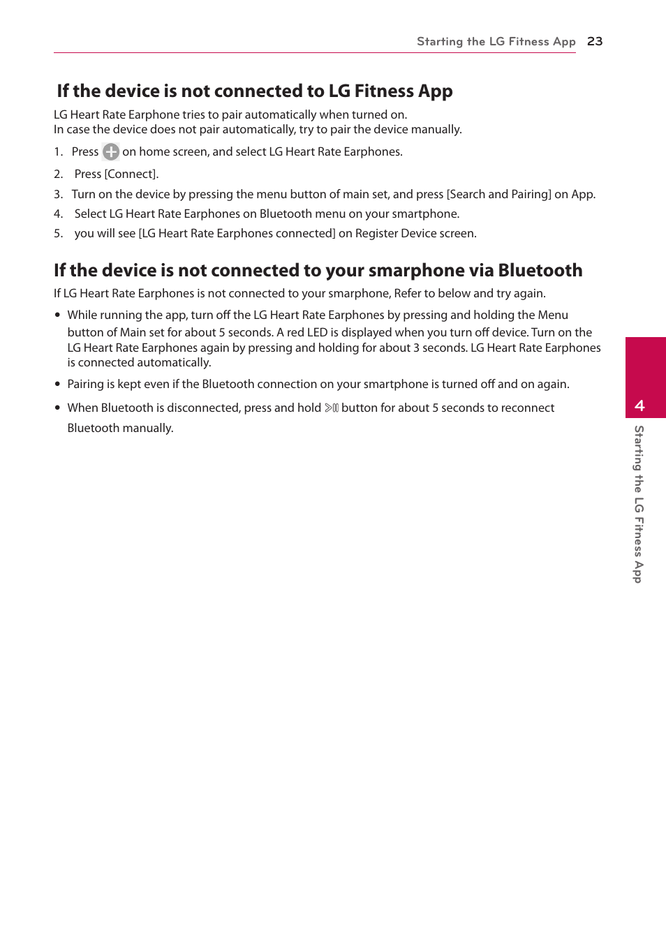 If the device is not connected to lg fitness app | LG FR74 User Manual | Page 23 / 42