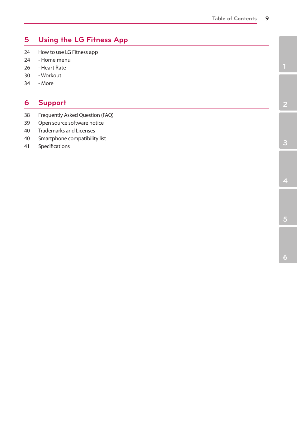 5 using the lg fitness app, 6 support | LG FR74 User Manual | Page 9 / 42