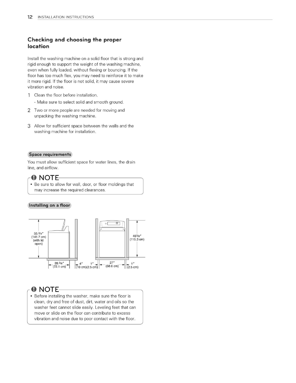 Checking and choosing the proper location, O note | LG WT4870CW User Manual | Page 12 / 76