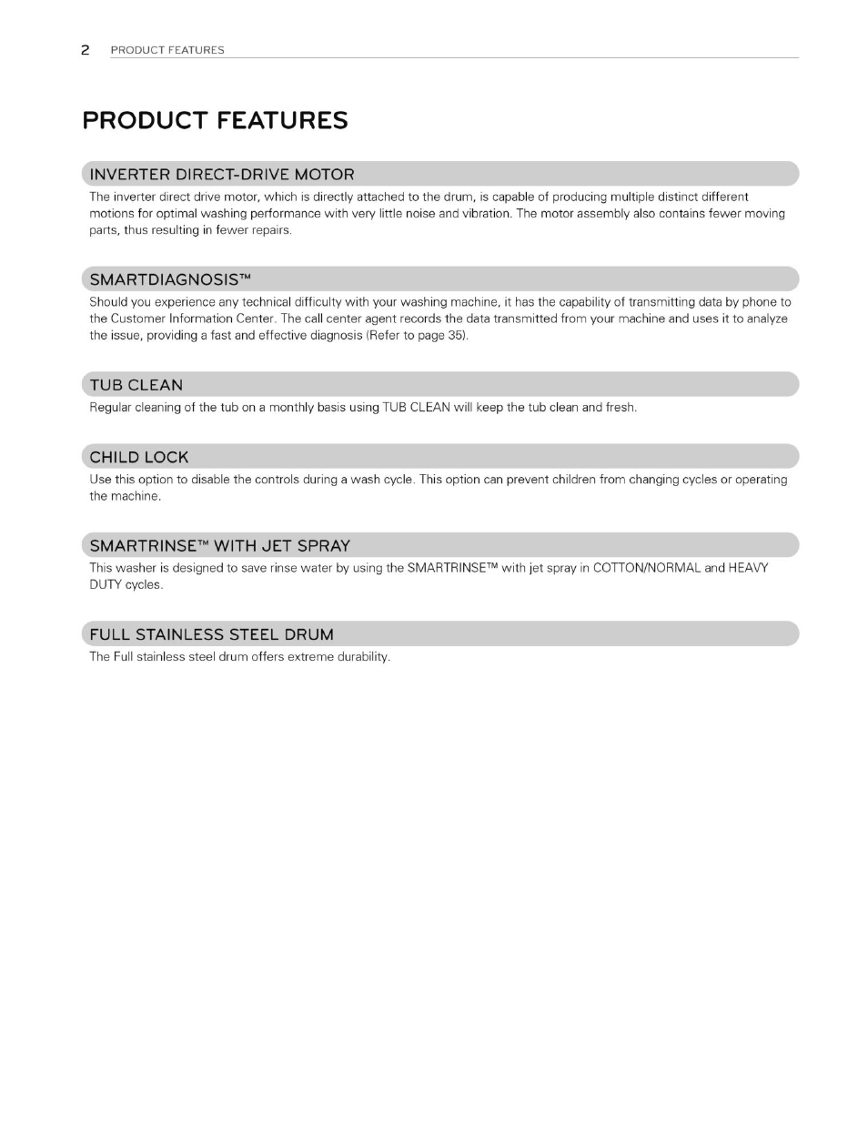 Product features | LG WT4870CW User Manual | Page 2 / 76