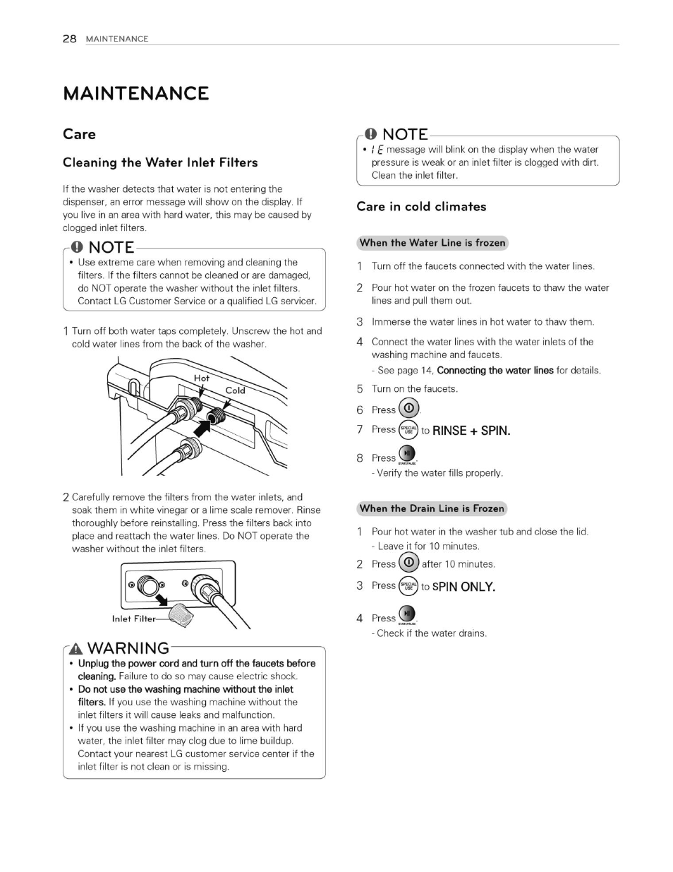 Maintenance, Care, Cleaning the water inlet filters | O note, A warning, Care in cold climates, Warning | LG WT4870CW User Manual | Page 28 / 76
