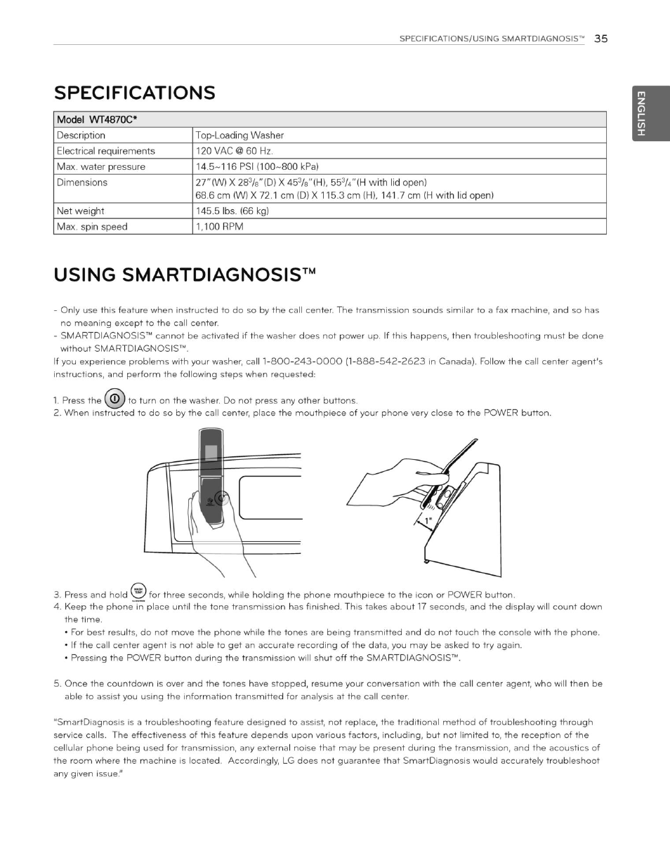 Specifications, Using smartdiagnosis | LG WT4870CW User Manual | Page 35 / 76