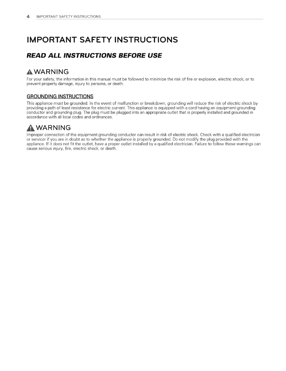 Important safety instructions, Awarning, Grounding instructions | Read all instructions before use | LG WT4870CW User Manual | Page 4 / 76