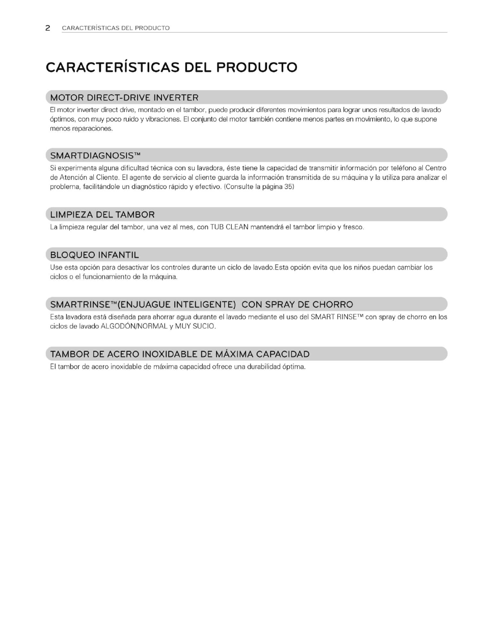 Caracteristicas del producto, Motor direct-drive inverter, Smartdiagnosis | Limpieza del tambor, Bloqueo infantil, Tambor de acero inoxidable de maxima capacidad | LG WT4870CW User Manual | Page 40 / 76