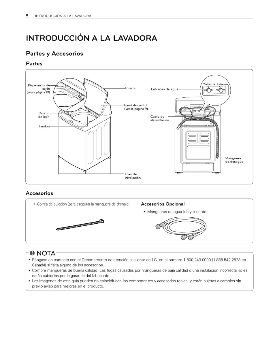 Introduccion a la lavadora, Partes y accesorios, Partes | Accesorios, O nota, Nota | LG WT4870CW User Manual | Page 46 / 76