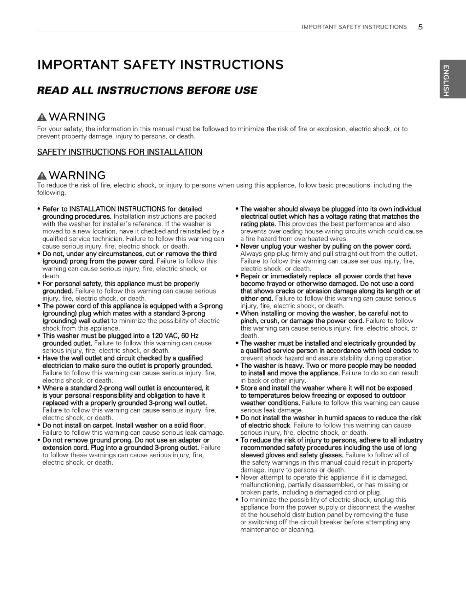 Important safety instructions, Awarning, Safety instructions for installation | Read all instructions before use | LG WT4870CW User Manual | Page 5 / 76