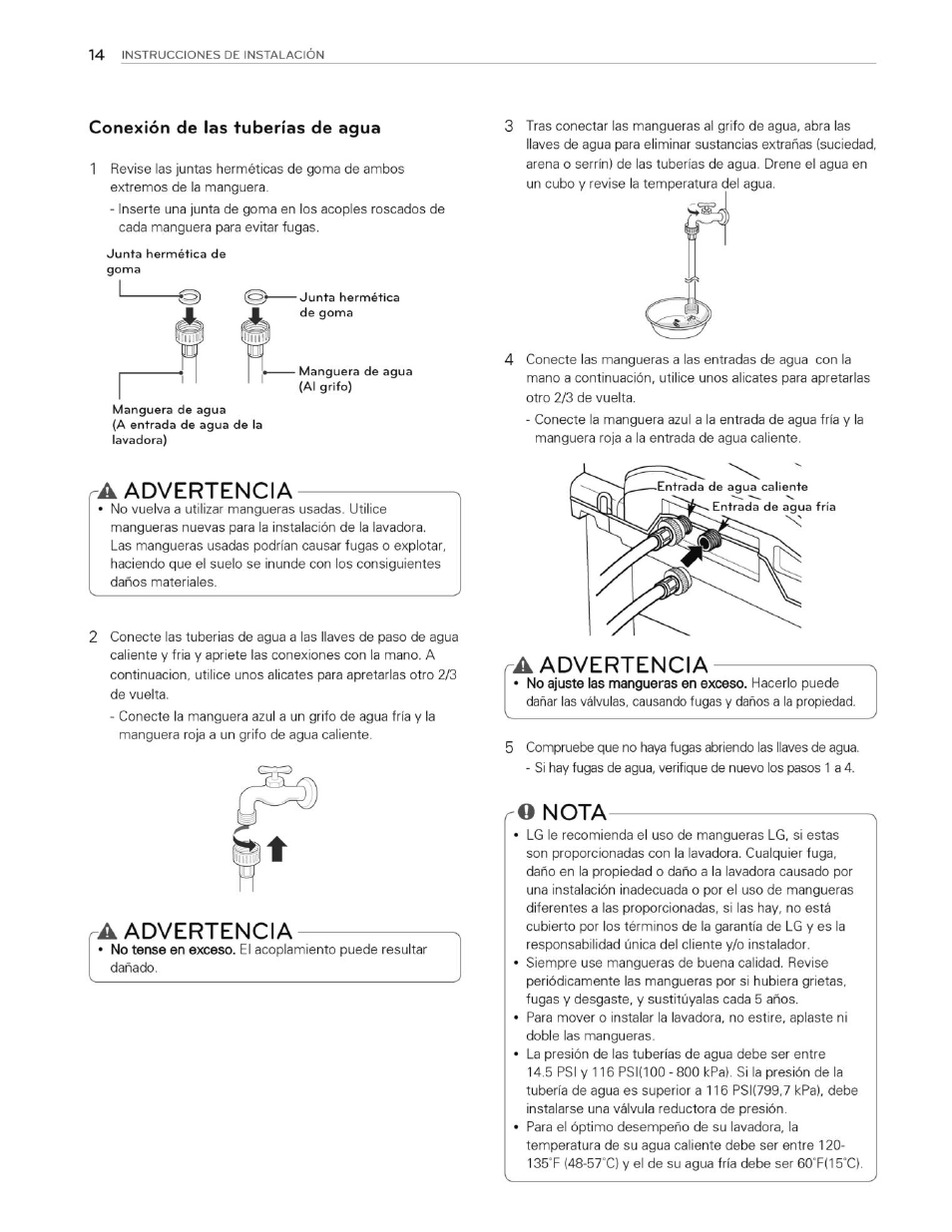 Conexión de las tuberías de agua, Advertencia, O nota | LG WT4870CW User Manual | Page 52 / 76