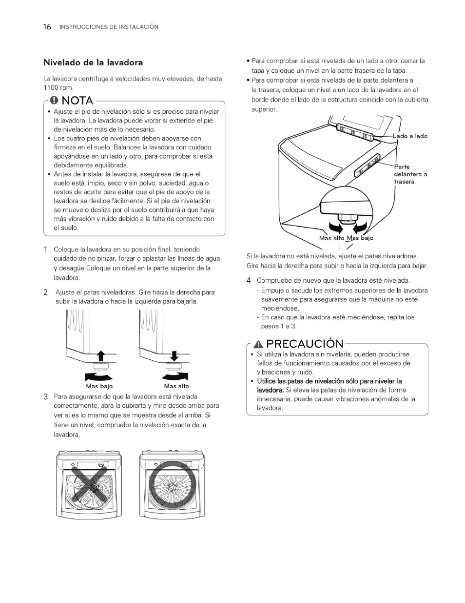 Nivelado de la lavadora, O nota, A precaución | Nota, Precaución | LG WT4870CW User Manual | Page 54 / 76