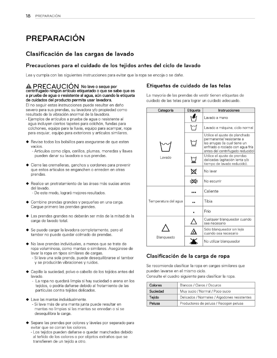 Preparacion, Clasificación de la carga de ropa, Clasificación de las cargas de lavado | Precaucion | LG WT4870CW User Manual | Page 56 / 76