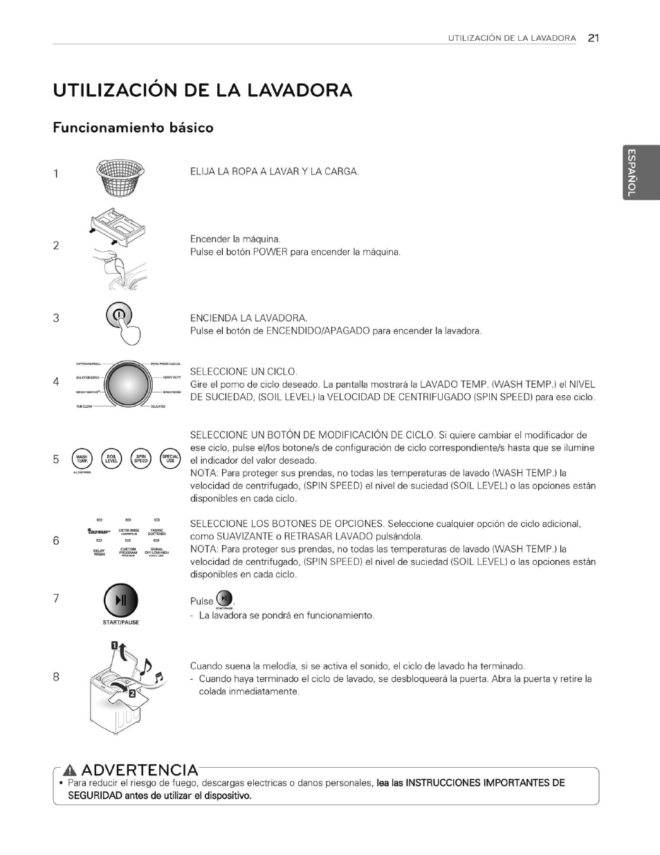 Utilizacion de la lavadora, Funcionamiento básico, A advertencia | Advertencia | LG WT4870CW User Manual | Page 59 / 76