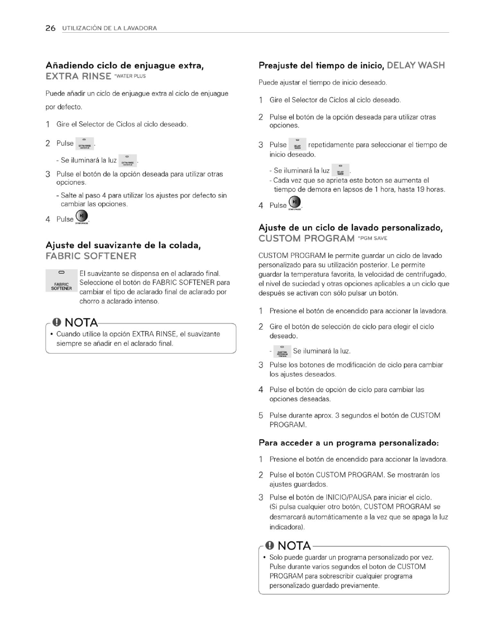 Preajuste del tiempo de inicio, delay wash, O nota, Nota | LG WT4870CW User Manual | Page 64 / 76