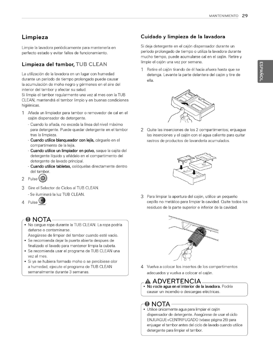 Limpieza, Limpieza del tambor, tub clean, Cuidado y limpieza de la lavadora | O nota, A advertencia, Ro nota | LG WT4870CW User Manual | Page 67 / 76