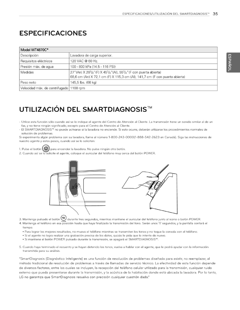 Especificaciones, Utilizacion del smartdiagnosis | LG WT4870CW User Manual | Page 73 / 76