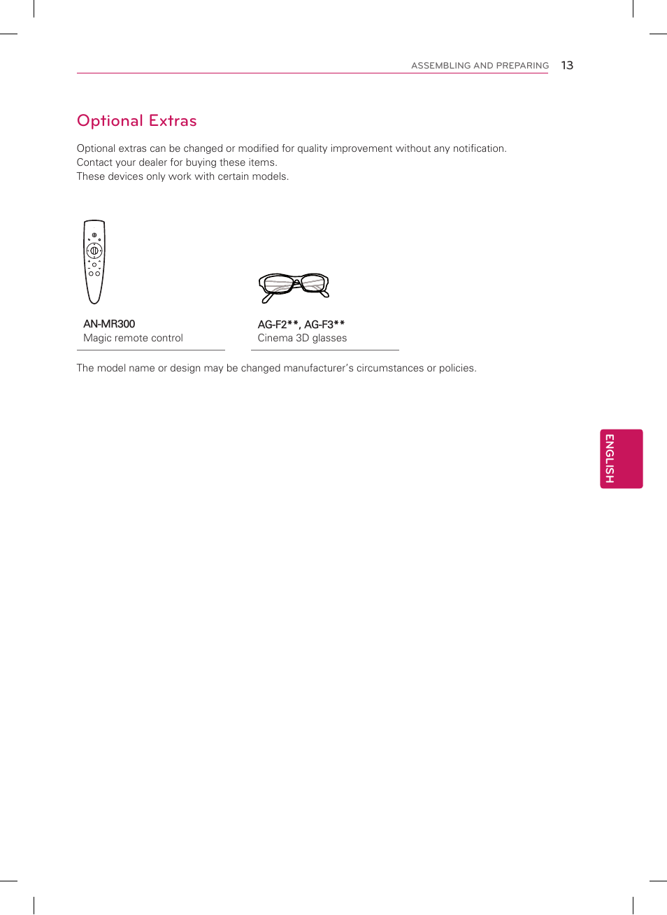 Optional extras | LG 55LM7600 User Manual | Page 13 / 44