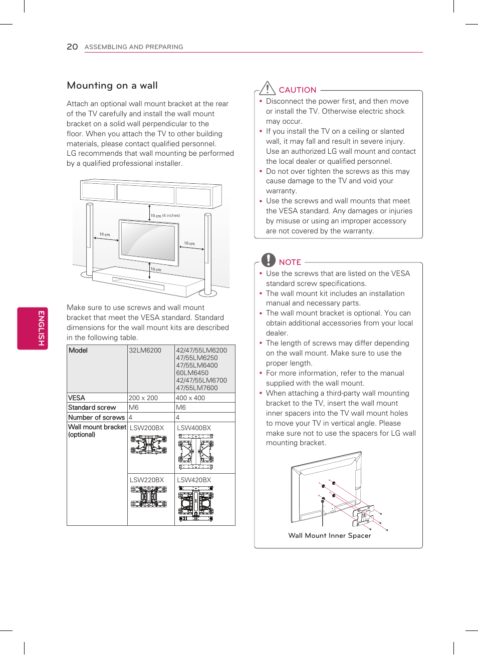 Mounting on a wall | LG 55LM7600 User Manual | Page 20 / 44