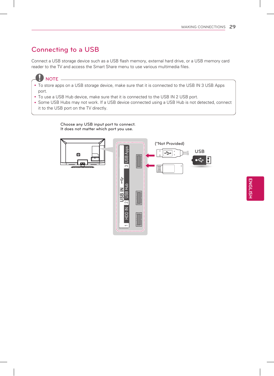 Connecting to an audio system, Connecting to a usb, Digital optical audio connection | LG 55LM7600 User Manual | Page 29 / 44